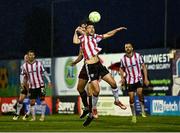 18 April 2025; Michael Duffy of Derry City in action against Patrick Hickey of Galway United during the SSE Airtricity Men's Premier Division match between Galway United and Derry City at Eamonn Deacy Park in Galway. Photo by Piaras Ó Mídheach/Sportsfile
