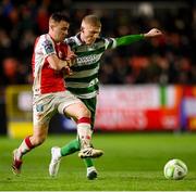 18 April 2025; Darragh Nugent of Shamrock Rovers in action against Brandon Kavanagh of St Patrick's Athletic during the SSE Airtricity Men's Premier Division match between St Patrick's Athletic and Shamrock Rovers at Richmond Park in Dublin. Photo by Stephen McCarthy/Sportsfile