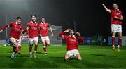 18 April 2025; Cian Kavanagh of Sligo Rovers, centre, celebrates with teammates after scoring their side's third goal during the SSE Airtricity Men's Premier Division match between Waterford and Sligo Rovers at the Regional Sports Centre in Waterford. Photo by Seb Daly/Sportsfile