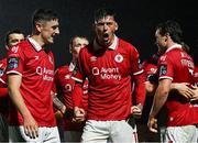 18 April 2025; Cian Kavanagh of Sligo Rovers, centre, celebrates with teammates after scoring their side's third goal during the SSE Airtricity Men's Premier Division match between Waterford and Sligo Rovers at the Regional Sports Centre in Waterford. Photo by Seb Daly/Sportsfile
