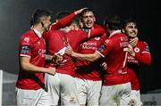 18 April 2025; Cian Kavanagh of Sligo Rovers, centre, celebrates with teammates after scoring their side's third goal during the SSE Airtricity Men's Premier Division match between Waterford and Sligo Rovers at the Regional Sports Centre in Waterford. Photo by Seb Daly/Sportsfile