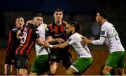 18 April 2025; Players from both teams prepare for a throw in during the SSE Airtricity Men's Premier Division match between Bohemians and Cork City at Dalymount Park in Dublin. Photo by Shauna Clinton/Sportsfile