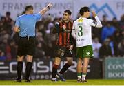 18 April 2025; Dawson Devoy of Bohemians reacts after he was shown a yellow card by referee Paul McLaughlin during the SSE Airtricity Men's Premier Division match between Bohemians and Cork City at Dalymount Park in Dublin. Photo by Shauna Clinton/Sportsfile