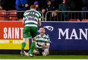 18 April 2025; Jack Byrne of Shamrock Rovers celebrates with team-mate Rory Gaffney, 20, after scoring their side's first goal during the SSE Airtricity Men's Premier Division match between St Patrick's Athletic and Shamrock Rovers at Richmond Park in Dublin. Photo by Stephen McCarthy/Sportsfile