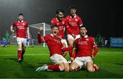18 April 2025; Cian Kavanagh of Sligo Rovers, right, celebrates with teammates after scoring their side's third goal during the SSE Airtricity Men's Premier Division match between Waterford and Sligo Rovers at the Regional Sports Centre in Waterford. Photo by Seb Daly/Sportsfile