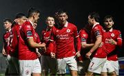 18 April 2025; Cian Kavanagh of Sligo Rovers, centre, celebrates with teammates after scoring their side's third goal during the SSE Airtricity Men's Premier Division match between Waterford and Sligo Rovers at the Regional Sports Centre in Waterford. Photo by Seb Daly/Sportsfile