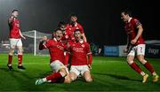 18 April 2025; Cian Kavanagh of Sligo Rovers, centre, celebrates with teammates after scoring their side's third goal during the SSE Airtricity Men's Premier Division match between Waterford and Sligo Rovers at the Regional Sports Centre in Waterford. Photo by Seb Daly/Sportsfile