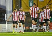 18 April 2025; Robbie Benson of Derry City, left, and team-mate Michael Duffy after scoring their side's second goal during the SSE Airtricity Men's Premier Division match between Galway United and Derry City at Eamonn Deacy Park in Galway. Photo by Piaras Ó Mídheach/Sportsfile