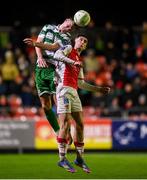 18 April 2025; Daniel Cleary of Shamrock Rovers in action against Mason Melia of St Patrick's Athletic during the SSE Airtricity Men's Premier Division match between St Patrick's Athletic and Shamrock Rovers at Richmond Park in Dublin. Photo by Stephen McCarthy/Sportsfile