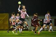 18 April 2025; Mark Connolly of Derry City rises above team-mate Carl Winchester during the SSE Airtricity Men's Premier Division match between Galway United and Derry City at Eamonn Deacy Park in Galway. Photo by Piaras Ó Mídheach/Sportsfile