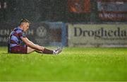 18 April 2025; Warren Davis of Drogheda United reacts after being tackled during the SSE Airtricity Men's Premier Division match between Drogheda United and Shelbourne at Sullivan & Lambe Park in Drogheda, Louth. Photo by Ben McShane/Sportsfile