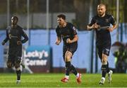 18 April 2025; Sam Bone of Shelbourne, centre, celebrates after scoring his side's second goal during the SSE Airtricity Men's Premier Division match between Drogheda United and Shelbourne at Sullivan & Lambe Park in Drogheda, Louth. Photo by Ben McShane/Sportsfile