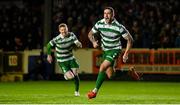 18 April 2025; Lee Grace of Shamrock Rovers celebrates after scoring his side's second goal during the SSE Airtricity Men's Premier Division match between St Patrick's Athletic and Shamrock Rovers at Richmond Park in Dublin. Photo by Stephen McCarthy/Sportsfile