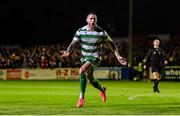 18 April 2025; Lee Grace of Shamrock Rovers celebrates after scoring his side's second goal during the SSE Airtricity Men's Premier Division match between St Patrick's Athletic and Shamrock Rovers at Richmond Park in Dublin. Photo by Stephen McCarthy/Sportsfile