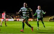 18 April 2025; Lee Grace of Shamrock Rovers celebrates after scoring his side's second goal during the SSE Airtricity Men's Premier Division match between St Patrick's Athletic and Shamrock Rovers at Richmond Park in Dublin. Photo by Stephen McCarthy/Sportsfile