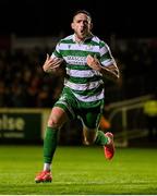 18 April 2025; Lee Grace of Shamrock Rovers celebrates after scoring his side's second goal during the SSE Airtricity Men's Premier Division match between St Patrick's Athletic and Shamrock Rovers at Richmond Park in Dublin. Photo by Stephen McCarthy/Sportsfile