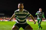 18 April 2025; Jack Byrne of Shamrock Rovers celebrates as team-mate Lee Grace, not pictured, scores their side's second goal during the SSE Airtricity Men's Premier Division match between St Patrick's Athletic and Shamrock Rovers at Richmond Park in Dublin. Photo by Stephen McCarthy/Sportsfile