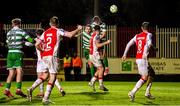 18 April 2025; Lee Grace of Shamrock Rovers, second from left, heads to score his side's second goal during the SSE Airtricity Men's Premier Division match between St Patrick's Athletic and Shamrock Rovers at Richmond Park in Dublin. Photo by Stephen McCarthy/Sportsfile