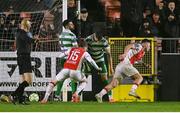 18 April 2025; Joe Redmond of St Patrick's Athletic, right, celebrates after scoring his side's second goal during the SSE Airtricity Men's Premier Division match between St Patrick's Athletic and Shamrock Rovers at Richmond Park in Dublin. Photo by Stephen McCarthy/Sportsfile