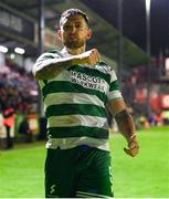 18 April 2025; Lee Grace of Shamrock Rovers celebrates after scoring his side's second goal during the SSE Airtricity Men's Premier Division match between St Patrick's Athletic and Shamrock Rovers at Richmond Park in Dublin. Photo by Stephen McCarthy/Sportsfile
