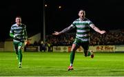 18 April 2025; Lee Grace of Shamrock Rovers, right, celebrates after scoring his side's second goal during the SSE Airtricity Men's Premier Division match between St Patrick's Athletic and Shamrock Rovers at Richmond Park in Dublin. Photo by Stephen McCarthy/Sportsfile
