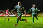18 April 2025; Lee Grace of Shamrock Rovers, left, celebrates after scoring his side's second goal during the SSE Airtricity Men's Premier Division match between St Patrick's Athletic and Shamrock Rovers at Richmond Park in Dublin. Photo by Stephen McCarthy/Sportsfile