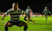 18 April 2025; Lee Grace of Shamrock Rovers, centre, celebrates after scoring his side's second goal during the SSE Airtricity Men's Premier Division match between St Patrick's Athletic and Shamrock Rovers at Richmond Park in Dublin. Photo by Stephen McCarthy/Sportsfile