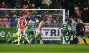 18 April 2025; Joe Redmond of St Patrick's Athletic scores his side's second goal during the SSE Airtricity Men's Premier Division match between St Patrick's Athletic and Shamrock Rovers at Richmond Park in Dublin. Photo by Stephen McCarthy/Sportsfile