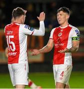 18 April 2025; Joe Redmond of St Patrick's Athletic, right, and team-mate Conor Carty after the SSE Airtricity Men's Premier Division match between St Patrick's Athletic and Shamrock Rovers at Richmond Park in Dublin. Photo by Stephen McCarthy/Sportsfile