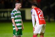 18 April 2025; Jack Byrne of Shamrock Rovers and Jake Mulraney of St Patrick's Athletic after the SSE Airtricity Men's Premier Division match between St Patrick's Athletic and Shamrock Rovers at Richmond Park in Dublin. Photo by Stephen McCarthy/Sportsfile