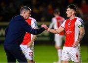 18 April 2025; St Patrick's Athletic manager Stephen Kenny and Joe Redmond of St Patrick's Athletic after the SSE Airtricity Men's Premier Division match between St Patrick's Athletic and Shamrock Rovers at Richmond Park in Dublin. Photo by Stephen McCarthy/Sportsfile
