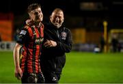 18 April 2025; Bohemians manager Alan Reynolds with goalscorer James McManus after the SSE Airtricity Men's Premier Division match between Bohemians and Cork City at Dalymount Park in Dublin. Photo by Shauna Clinton/Sportsfile