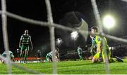 18 April 2025; Shamrock Rovers goalkeeper Ed McGinty, right, and team-mate Roberto Lopes, left, react as their side concede their second goal during the SSE Airtricity Men's Premier Division match between St Patrick's Athletic and Shamrock Rovers at Richmond Park in Dublin. Photo by Stephen McCarthy/Sportsfile