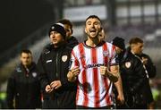 18 April 2025; Michael Duffy of Derry City celebrates after his side's victory in the SSE Airtricity Men's Premier Division match between Galway United and Derry City at Eamonn Deacy Park in Galway. Photo by Piaras Ó Mídheach/Sportsfile