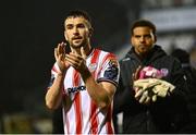18 April 2025; Michael Duffy of Derry City celebrates after his side's victory in the SSE Airtricity Men's Premier Division match between Galway United and Derry City at Eamonn Deacy Park in Galway. Photo by Piaras Ó Mídheach/Sportsfile