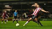 18 April 2025; Robbie Benson of Derry City in action against Killian Brouder of Galway United during the SSE Airtricity Men's Premier Division match between Galway United and Derry City at Eamonn Deacy Park in Galway. Photo by Piaras Ó Mídheach/Sportsfile