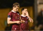 18 April 2025; David Hurley of Galway United reads a note during the SSE Airtricity Men's Premier Division match between Galway United and Derry City at Eamonn Deacy Park in Galway. Photo by Piaras Ó Mídheach/Sportsfile
