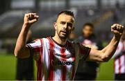 18 April 2025; Robbie Benson of Derry City celebrates after his side's victory in the SSE Airtricity Men's Premier Division match between Galway United and Derry City at Eamonn Deacy Park in Galway. Photo by Piaras Ó Mídheach/Sportsfile