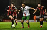 18 April 2025; Dawson Devoy of Bohemians in action against Milan Mbeng of Cork City during the SSE Airtricity Men's Premier Division match between Bohemians and Cork City at Dalymount Park in Dublin. Photo by Shauna Clinton/Sportsfile