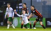 18 April 2025; Adam McDonnell of Bohemians reenacts how Cathal O'Sullivan of Cork City had just pushed team-mate Ross Tierney to referee Paul McLaughlin, not pictured, during the SSE Airtricity Men's Premier Division match between Bohemians and Cork City at Dalymount Park in Dublin. Photo by Shauna Clinton/Sportsfile