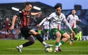 18 April 2025; Archie Meekison of Bohemians in action against Benny Couto of Cork City during the SSE Airtricity Men's Premier Division match between Bohemians and Cork City at Dalymount Park in Dublin. Photo by Shauna Clinton/Sportsfile