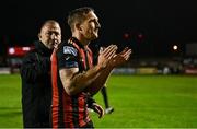18 April 2025; John Mountney of Bohemians with manager Alan Reynolds after their side's victory in the SSE Airtricity Men's Premier Division match between Bohemians and Cork City at Dalymount Park in Dublin. Photo by Shauna Clinton/Sportsfile