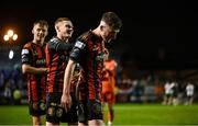 18 April 2025; James McManus of Bohemians, right, is congratulated by team-mate Ross Tierney, centre, after their side's victory in the SSE Airtricity Men's Premier Division match between Bohemians and Cork City at Dalymount Park in Dublin. Photo by Shauna Clinton/Sportsfile