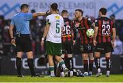 18 April 2025; Adam McDonnell of Bohemians remonstrates with referee Paul McLaughlin during the SSE Airtricity Men's Premier Division match between Bohemians and Cork City at Dalymount Park in Dublin. Photo by Shauna Clinton/Sportsfile