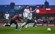 18 April 2025; Charlie Lyons of Cork City in action against Ross Tierney of Bohemians during the SSE Airtricity Men's Premier Division match between Bohemians and Cork City at Dalymount Park in Dublin. Photo by Shauna Clinton/Sportsfile