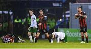 18 April 2025; Adam McDonnell of Bohemians reenacts how Cathal O'Sullivan of Cork City had just pushed team-mate Ross Tierney, 26, to referee Paul McLaughlin, not pictured, during the SSE Airtricity Men's Premier Division match between Bohemians and Cork City at Dalymount Park in Dublin. Photo by Shauna Clinton/Sportsfile