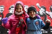 18 April 2025; Bohemians supporters Chloe Dodd, left, and her cousin Oisín before the SSE Airtricity Men's Premier Division match between Bohemians and Cork City at Dalymount Park in Dublin. Photo by Shauna Clinton/Sportsfile