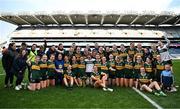 12 April 2025; The Kerry team and coaching staff celebrate with the cup after their side's victory in the Lidl Ladies National Football League Division 1 final match between Armagh and Kerry at Croke Park in Dublin Photo by Sam Barnes/Sportsfile