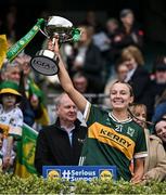 12 April 2025; Niamh Quinn of Kerry celebrates with the cup after her side's victory in the Lidl Ladies National Football League Division 1 final match between Armagh and Kerry at Croke Park in Dublin. Photo by Sam Barnes/Sportsfile