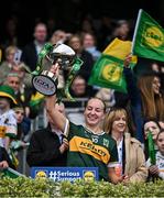 12 April 2025; Caoimhe Evans of Kerry celebrates with the cup after her side's victory in the Lidl Ladies National Football League Division 1 final match between Armagh and Kerry at Croke Park in Dublin. Photo by Sam Barnes/Sportsfile